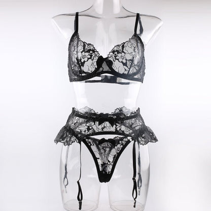 Black Embroidered Underwire Lingerie Set - yummysecret