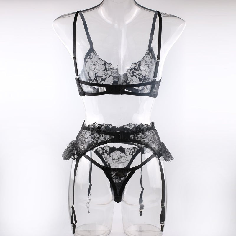 Black Embroidered Underwire Lingerie Set - yummysecret