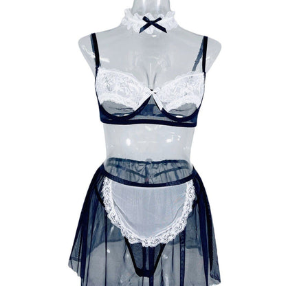 Lace Mesh Patchwork Sheer Maid Lingerie Set - yummysecret