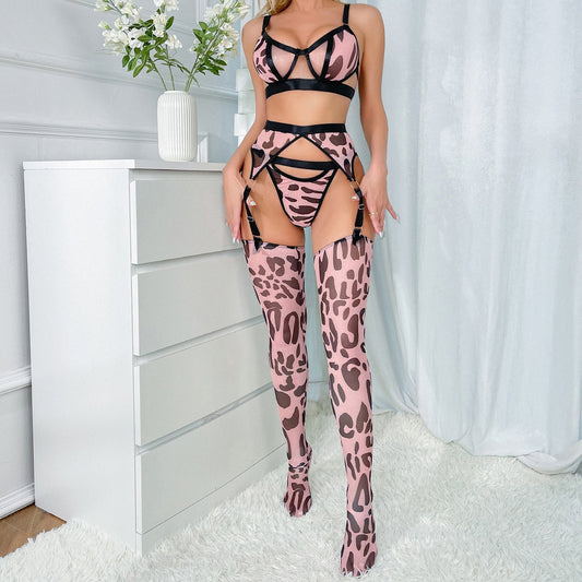 Leopard Print Hollow - out Lingerie Set with Thigh - high Socks - yummysecret