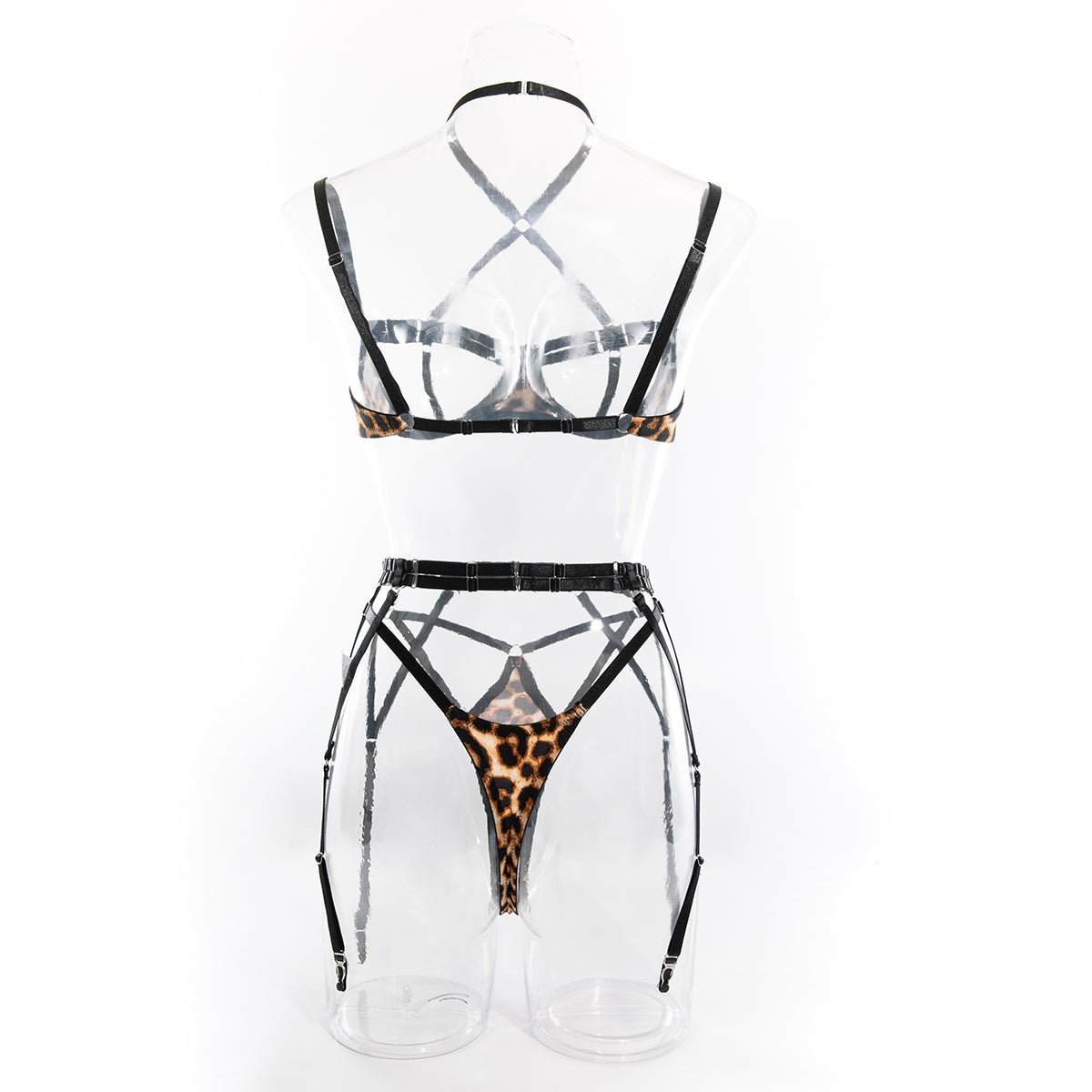 Leopard Print Strappy Lace - up Lingerie Set with Fishnet Stockings - yummysecret