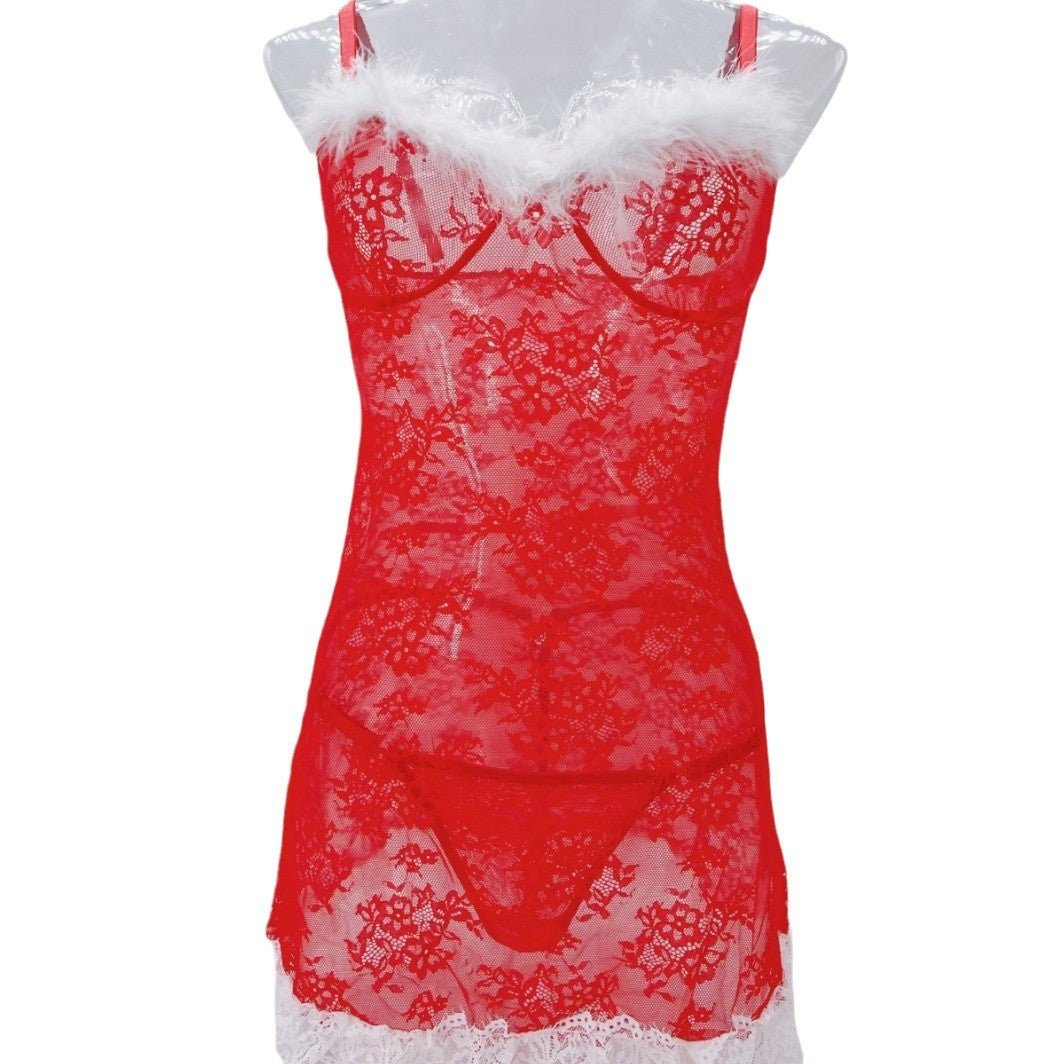 Outfit Sheer Mesh Snowflake Embroidery Cami Dress Lingerie Set - yummysecret