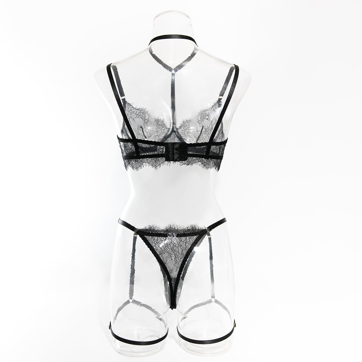 Sheer Lace Eyelash Trim Halter Neck Lingerie Set - yummysecret