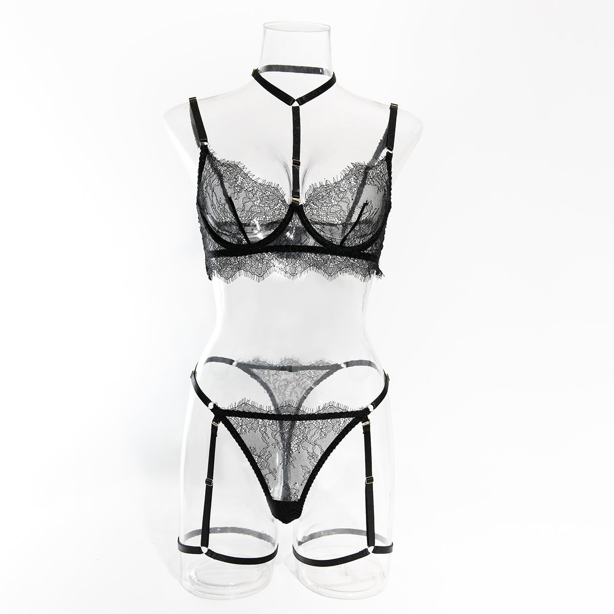 Sheer Lace Eyelash Trim Halter Neck Lingerie Set - yummysecret